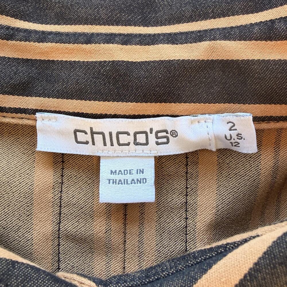 Chicos Shirt Womens 12 Black Tan Stripe Button Front Long Sleeve Stretch Blouse - Picture 4 of 11